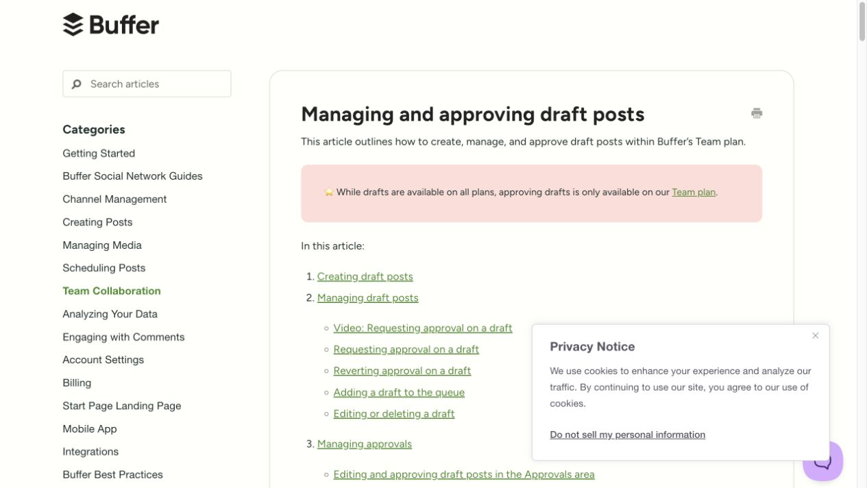 Buffer Help Center article about managing and approving draft posts, captured July 11, 2026